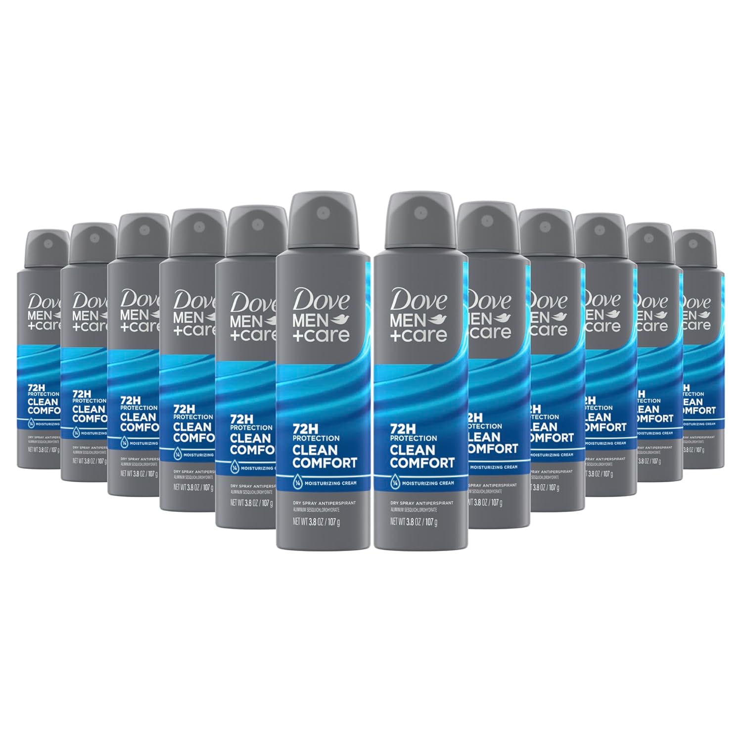 Dove Men+Care Antiperspirant Deodorant Clean Comfort, Pack of 12, Dry Spray For Men 72-hour Sweat and Odor Protection with Triple Defense Technology 3.8 oz